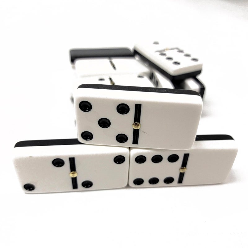 ماريون Marion Domino Double 6 أبيض وأسود بدرجتين من الحجم الاحترافي مع دوارات في علبة مخملية سوداء أنيقة. - Image 4